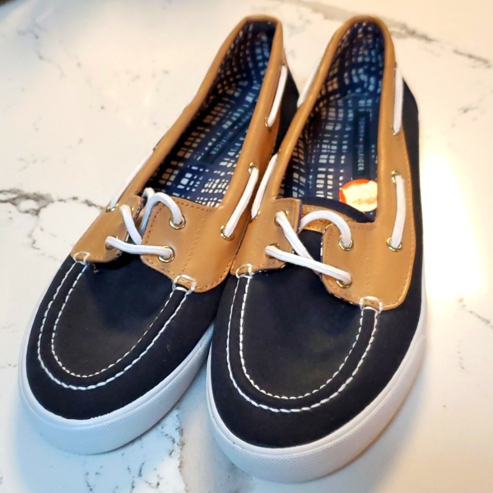 Tommy Hilfiger Tan and Navy Boat Shoe Flats